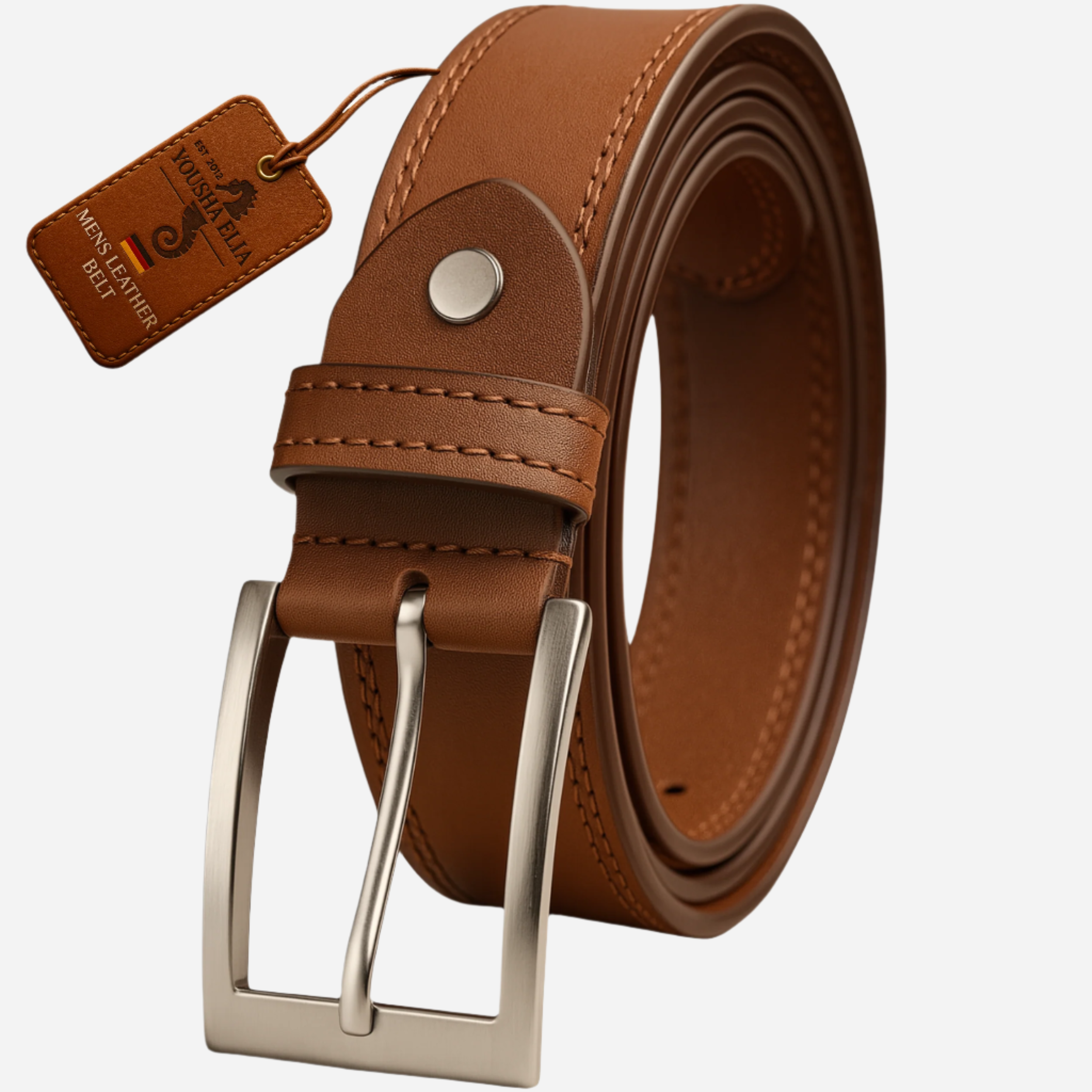 Brown leather belt with silver buckle and tag on a white background